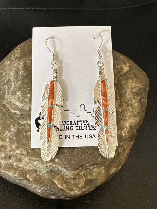 Orange Spiny Oyster Opal Handmade Inlay Feather Earrings | Sterling Silver | Authentic Native American Handmade | 18695