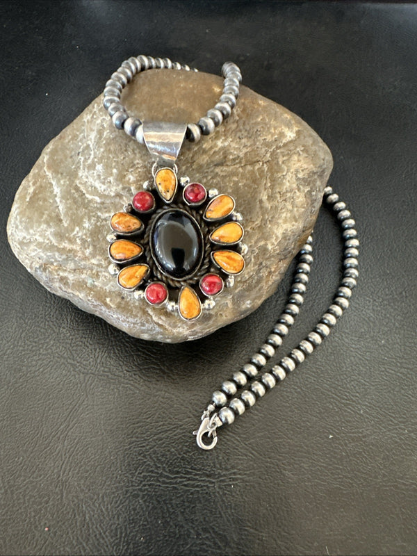 Onyx Coral Orange Spiny Navajo Cluster Pendant Necklace | Sterling Silver | Authentic Native American Handmade | 19566