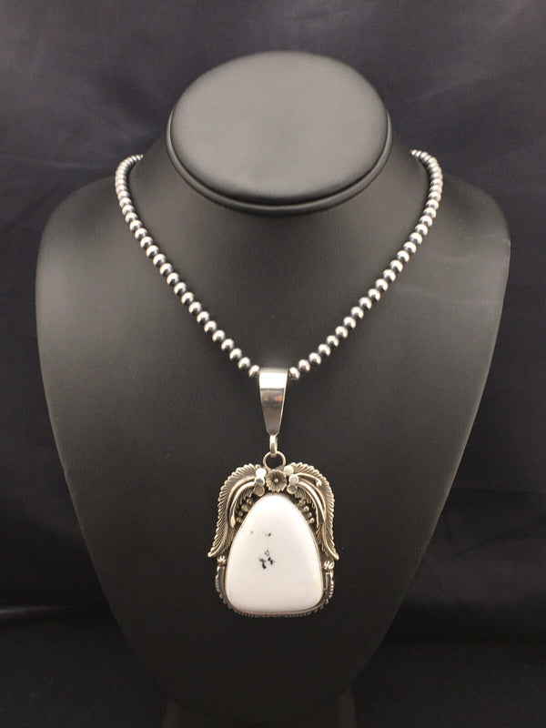White Buffalo Turquoise Pendant Navajo Beads Necklace | Sterling Silver | Authentic Native American Handmade | 04529