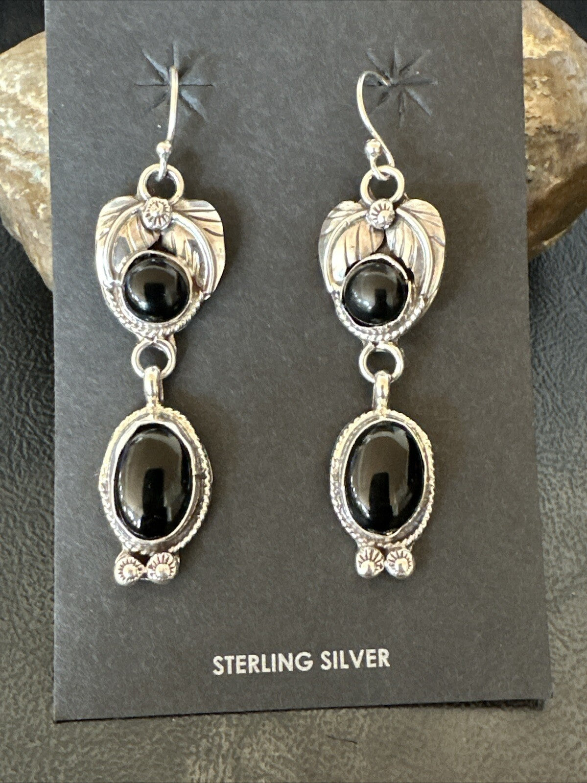 Black Onyx Navajo Sterling Silver Dangle Earrings 1.5" 18293