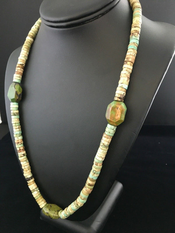 Men's Green Turquoise Chunky Navajo Heishi Necklace 22" | Sterling Silver | Authentic Native American Handmade | 1781