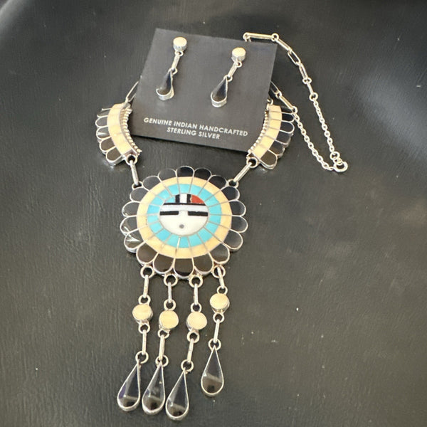 Sunface Spiny Onyx Turquoise Zuni Necklace 18"Earrings | Sterling Silver | Authentic Native American Handmade | 19115