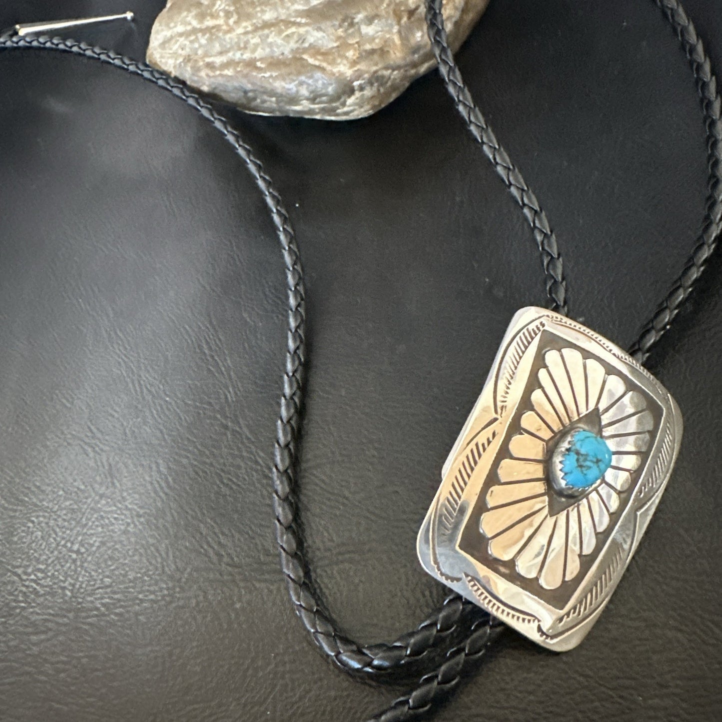 Mens Blue Kingman Turquoise Stamped Navajo Sterling Silver Bolo Tie 2” 19302