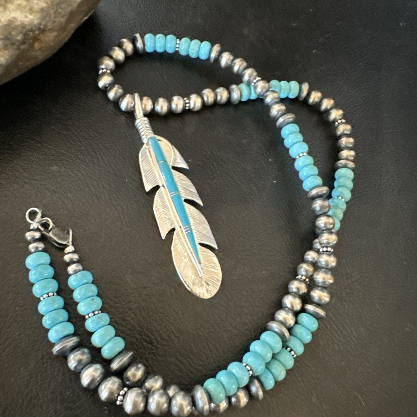 Mens Feather Turquoise Pendant Navajo Sterling Silver Beads Necklace 22" 18669