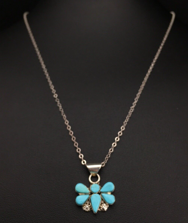Turquoise Butterfly Pendant Southwestern Zuni Chain | Sterling Silver | Authentic Native American Handmade | 04777