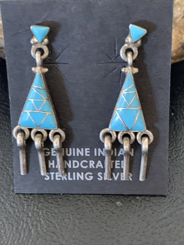 Blue Turquoise Inlay Zuni Dangle Post Earrings 1.5" | Sterling Silver | Authentic Native American Handmade | 12745