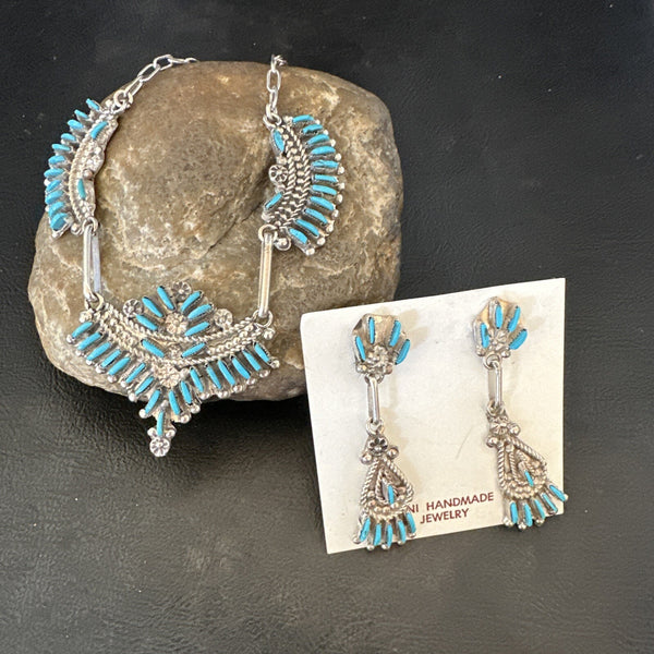 ZUNI Blue Turquoise Beads Needlepoint Necklace Earrings | Sterling Silver | Authentic Native American Handmade | 18595