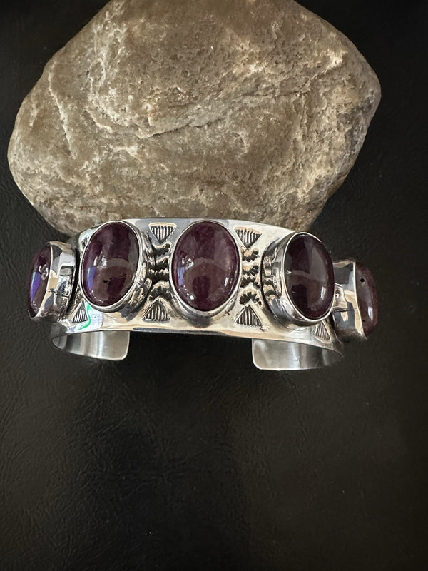 Purple Spiny Oyster Row 5 Stone Navajo Cuff Bracelet | Sterling Silver | Authentic Native American Handmade | 19473