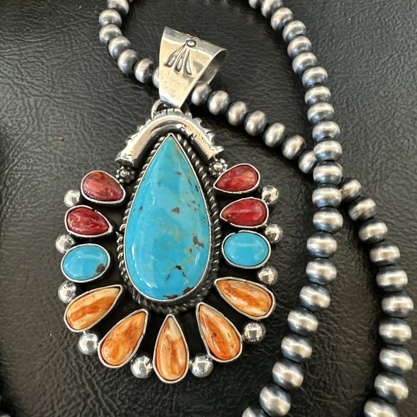 Multicolor Turquoise Spiny Navajo Sterling Silver Cluster Pendant Necklace 19561