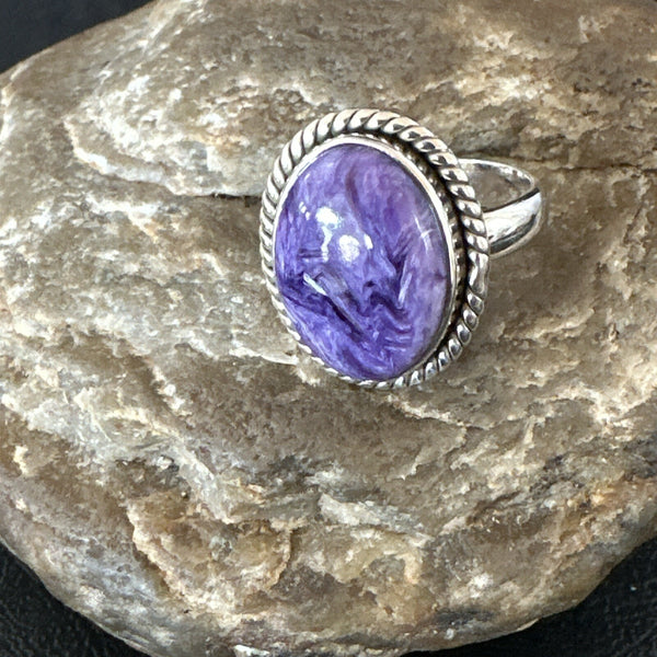 Women's Purple Charoite Navajo Oval Ring Adjustable Size 9 | Sterling Silver | Authentic Native American Handmade | 17246