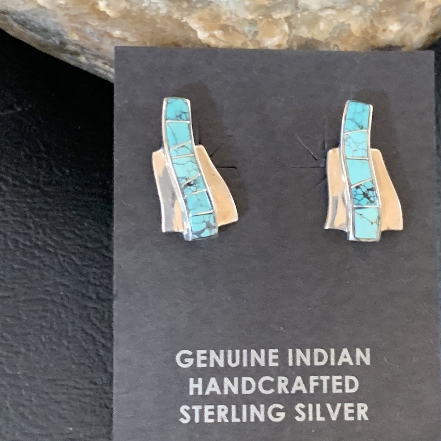 Womens Blue Spider Web Turquoise Navajo Sterling Silver Inlay Earrings 12901