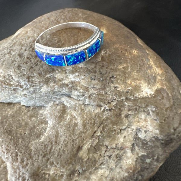 Blue Opal Navajo Band Inlay Ring Size 7.5 | Sterling Silver | Authentic Native American Handmade | 19724