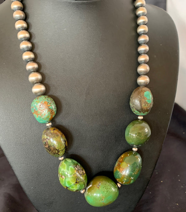 Chunky Navajo Spider Web Green Turquoise Necklace 20" | Sterling Silver | Authentic Native American Handmade | 11762