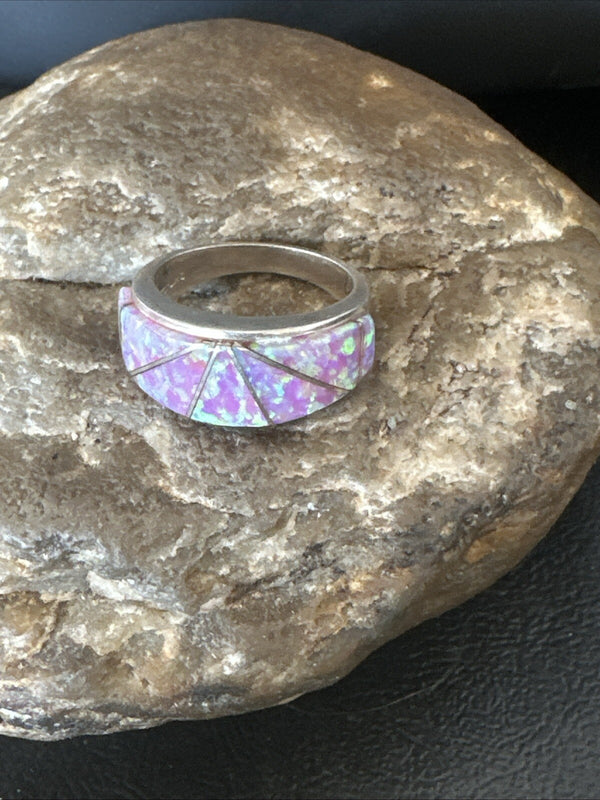 Pink Opal Navajo Band Inlay Ring Size 7 | Sterling Silver | Authentic Native American Handmade | 18786