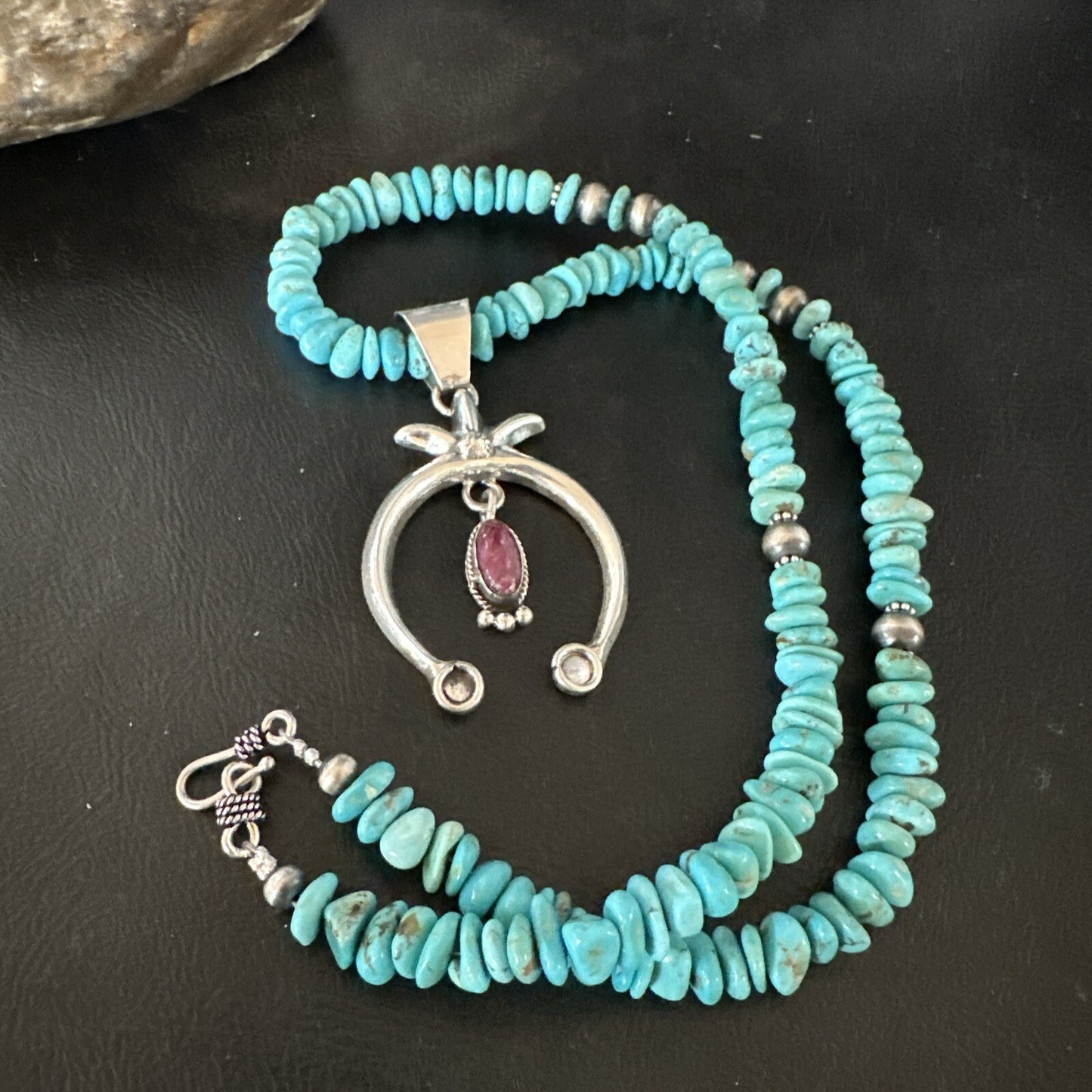 Mens Blue Turquoise Spiny Naja Pendant Navajo Sterling Silver Necklace 21” 17719
