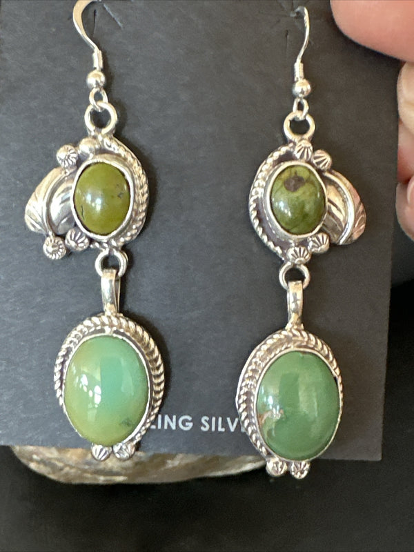 Navajo Green Turquoise Dangle Earrings 2" | Sterling Silver | Authentic Native American Handmade | 17694