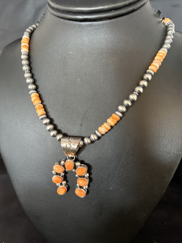 Orange Spiny Oyster Naja Pendant Navajo Pearls Necklace | Sterling Silver | Authentic Native American Handmade | 11346