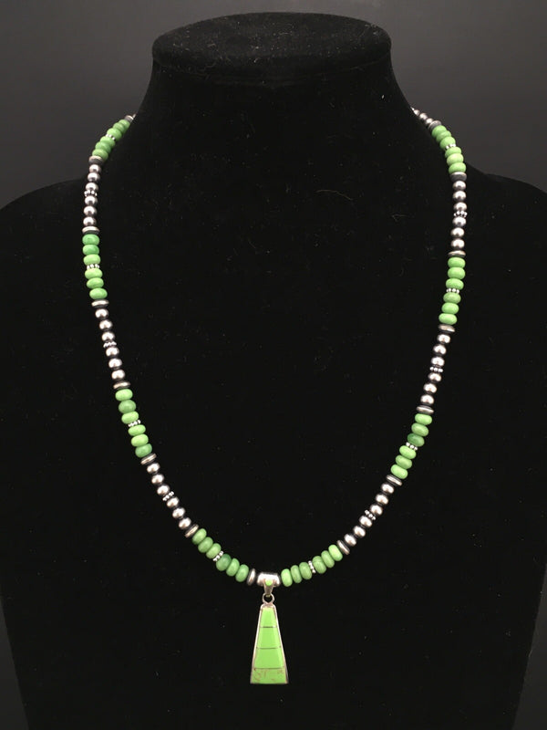 Green Gaspeite Pendant Navajo Pearls Necklace 22" | Sterling Silver | Authentic Native American Handmade | 01285
