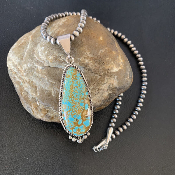 Men's Blue Turquoise #8 Pendant Navajo Pearls Necklace 13262N | Sterling Silver | Authentic Native American Handmade