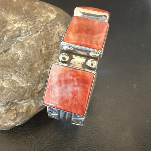Red Spiny 3 Stone Navajo Cuff Bracelet 7.7" | Sterling Silver | Authentic Native American Handmade | 19487