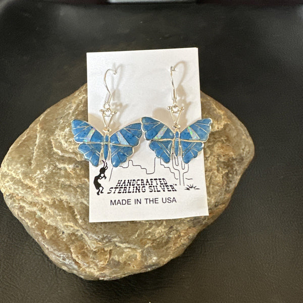 Butterfly Blue Denim Lapis Opal Inlay Dangle Earrings | Sterling Silver | Authentic Native American Handmade | 19138