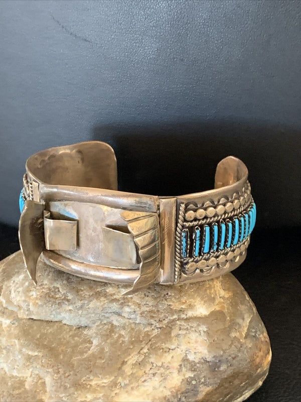 Men's Blue Turquoise Zuni Inlay Cuff Watch Tips Bracelet | Sterling Silver | Authentic Native American Handmade | 19033