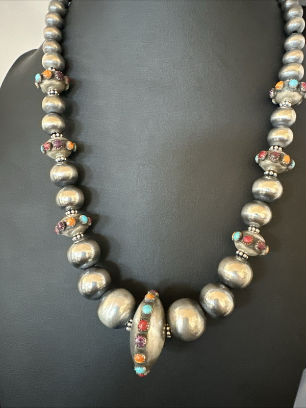 Multicolor Spiny Navajo Pearls Turquoise Necklace 23" | Sterling Silver | Authentic Native American Handmade | 19448