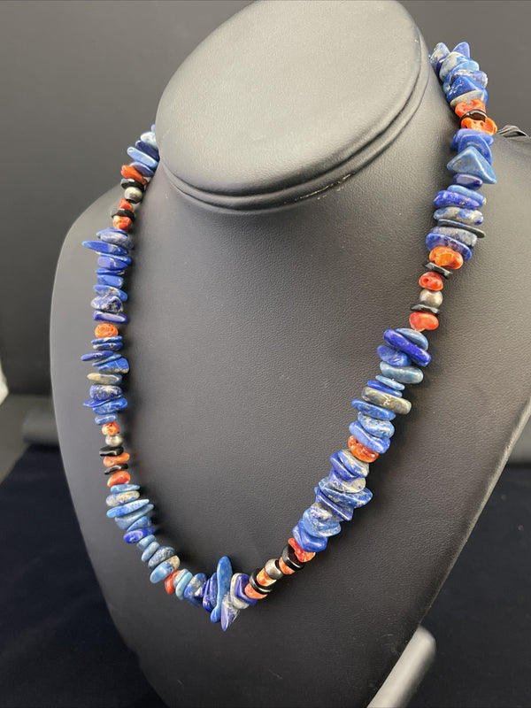 Men's Lapis Lazuli Spiny Oyster Navajo Necklace 18" | Sterling Silver | Authentic Native American Handmade | 1737