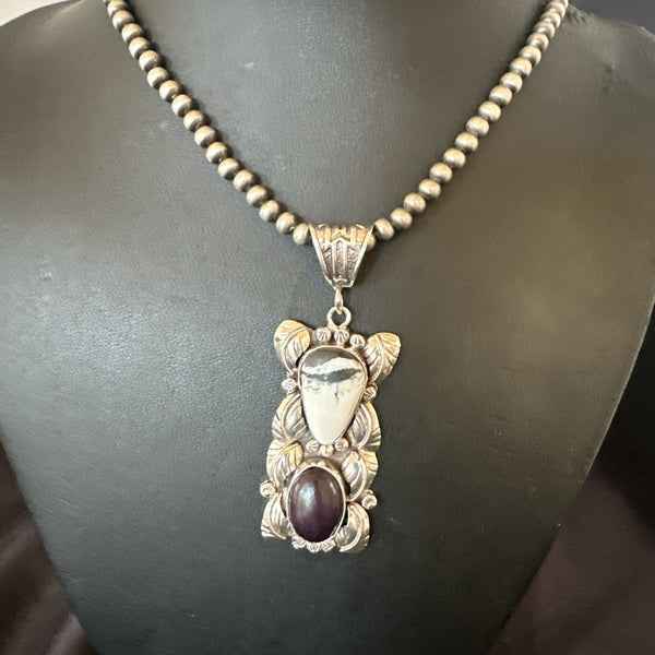 White Buffalo Turquoise Purple Stone Pendant Navajo | Sterling Silver | Authentic Native American Handmade | 18036