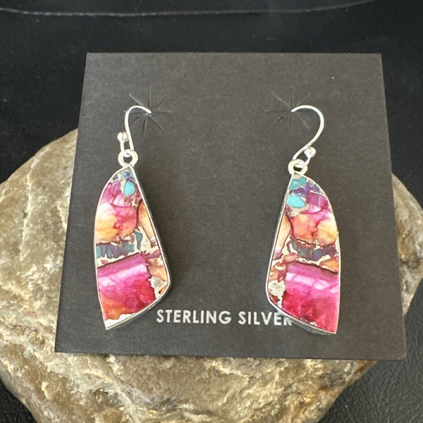 Blue Turquoise Purple Spiny Oyster Inlay Dangle Earrings | Sterling Silver | Authentic Native American Handmade | 15565