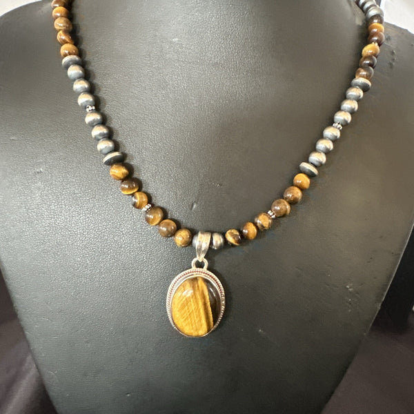 Coffee Brown Tigers Eye Pendant Necklace Southwestern | Sterling Silver | Authentic Native American Handmade | 18282