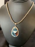 Turquoise Mother Of Pearl Coral Onyx Pendant Zuni Necklace | Sterling Silver | Authentic Native American Handmade | 12260