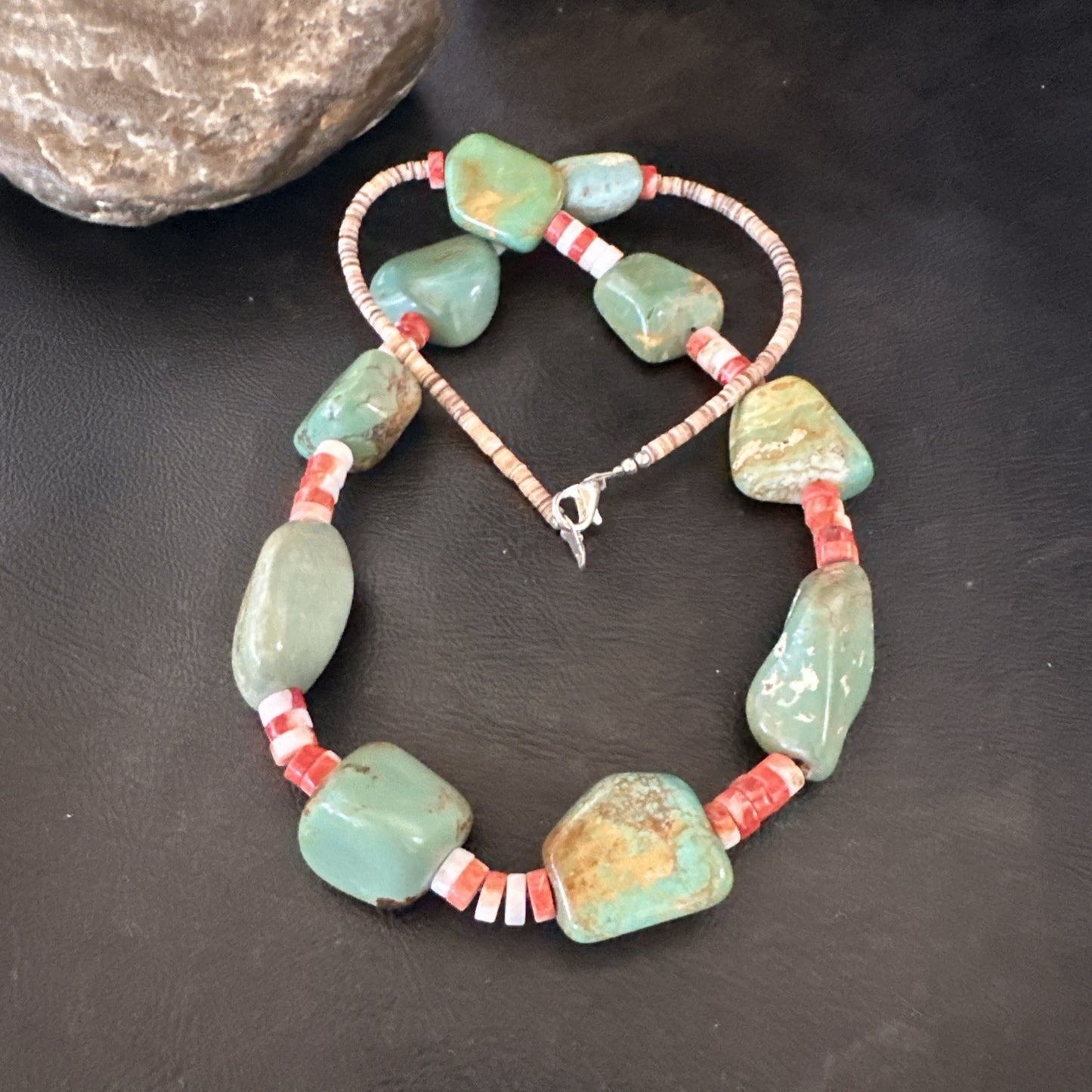 Navajo Green Turquoise Red Spiny Oyster Necklace Sterling 23" 19717