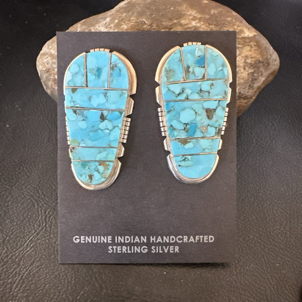 Inlay Blue Kingman Turquoise Earrings 1.5" | Sterling Silver | Authentic Native American Handmade | 19097