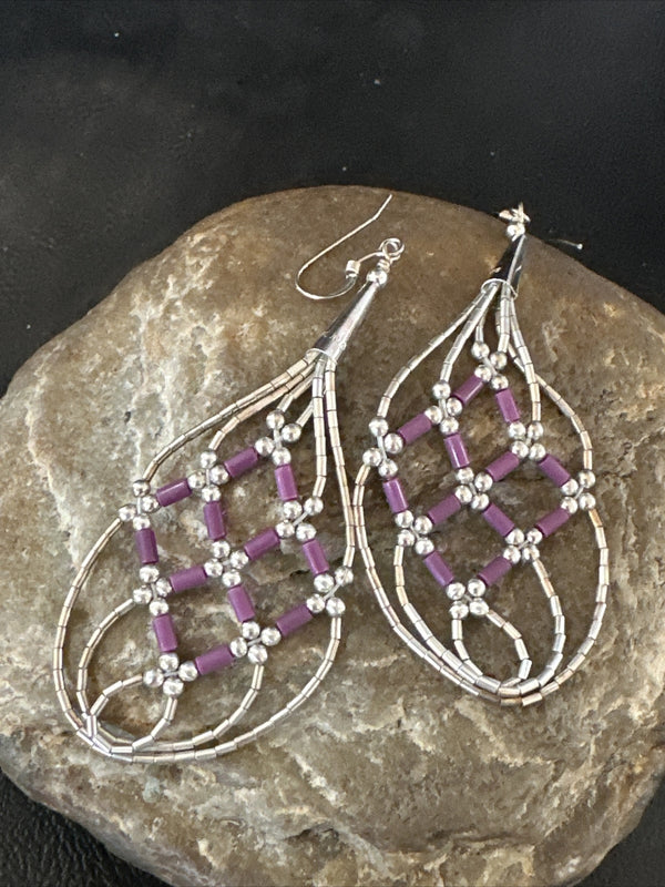 Stone 3 Strand Heishi Liquid Dangle Earrings | Sterling Silver | Authentic Native American Handmade | 17738