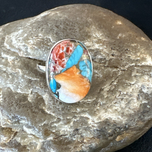 Blue Turquoise Spiny Oyster Navajo Ring Size 8 | Sterling Silver | Authentic Native American Handmade | 18233