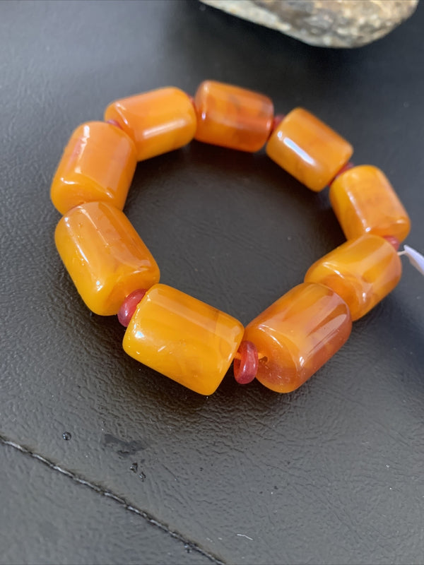 One-of-a-pin Stretch Gold Amber Stone Bracelet Garnet Set | Authentic Native American Handmade | 03073