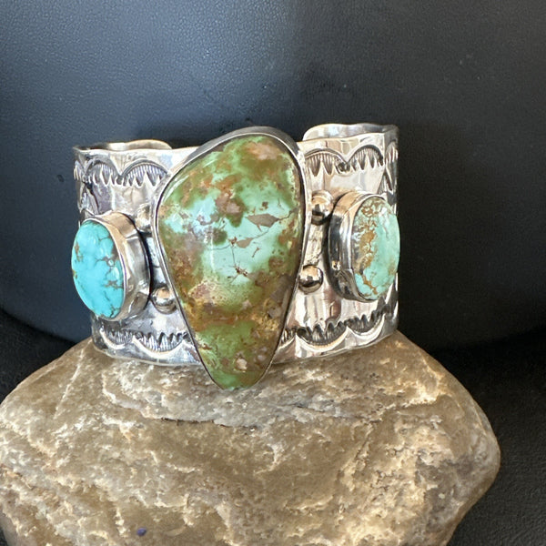 Navajo Green Royston TURQUOISE Stamped Cuff Bracelet | Sterling Silver | Authentic Native American Handmade | 17938