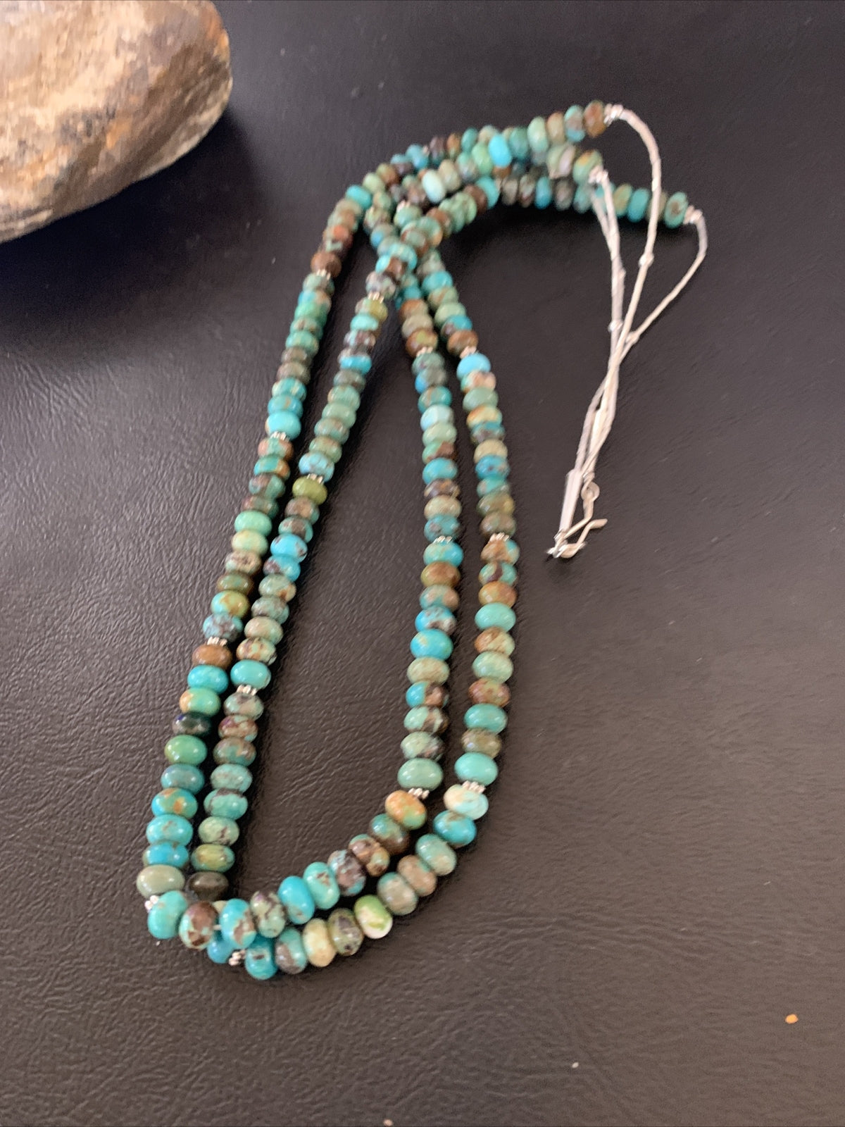 Native Navajo 2 Strands Blue Green Turquoise Sterling Silver Necklace 22" 09473
