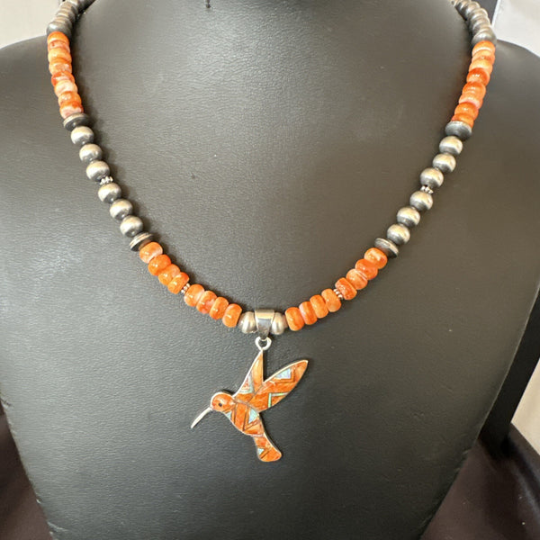 HummingBird Orange Spiny Oyster Opal Necklace Pendant | Sterling Silver | Authentic Native American Handmade | 18675