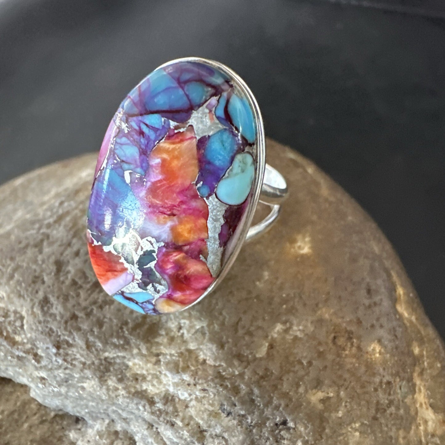 Blue Turquoise Spiny Oyster Southwestern Sterling Silver Ring Size 8 18482