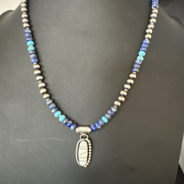 Blue Turquoise White Opal Pendant Lapis Navajo Necklace | Sterling Silver | Authentic Native American Handmade | 19471