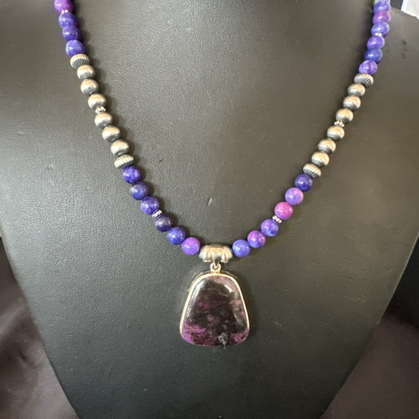 Purple Stone Pendant Navajo Pearls Necklace 23" | Sterling Silver | Authentic Native American Handmade | 17890