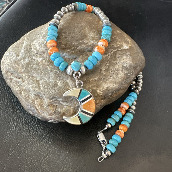 Crescent Multicolor Turquoise Pendant Navajo Necklace | Sterling Silver | Authentic Native American Handmade | 18731