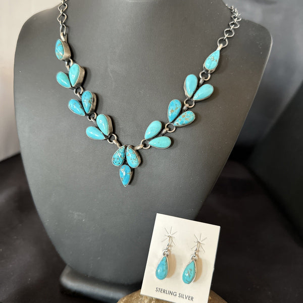 Kingman Turquoise Navajo Earrings Lariat Necklace 19" | Sterling Silver | Authentic Native American Handmade | 19278