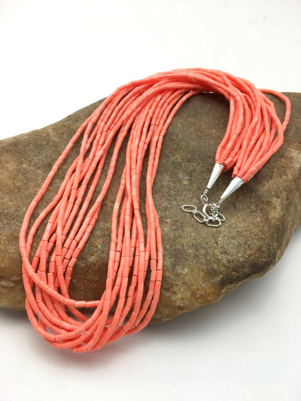 Pink Coral Navajo Necklace 10 Strand | Sterling Silver | Authentic Native American Handmade | 4388