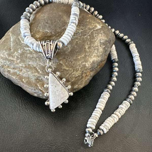White Buffalo Turquoise Pendant Navajo Pearls Necklace 22" | Sterling Silver | Authentic Native American Handmade | 18257