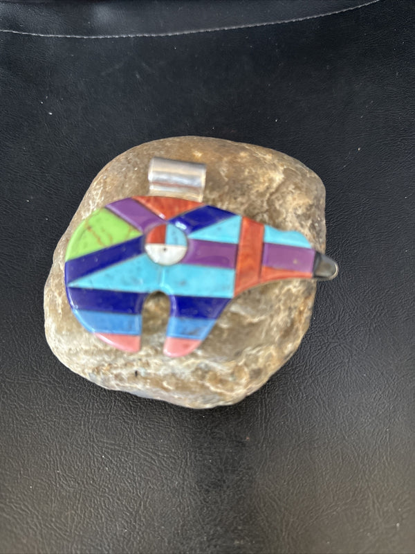 BEAR Men's Women's Navajo Multi-Color Turquoise Inlay Pendant | Sterling Silver | Authentic Native American Handmade | 14226