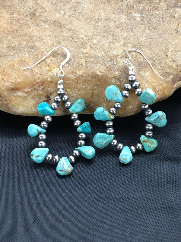 Blue Turquoise Cluster Navajo Earrings 2" | Sterling Silver | Authentic Native American Handmade | 02971