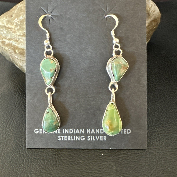 Green Royston Turquoise Navajo Dangle Earrings | Sterling Silver | Authentic Native American Handmade | 19414